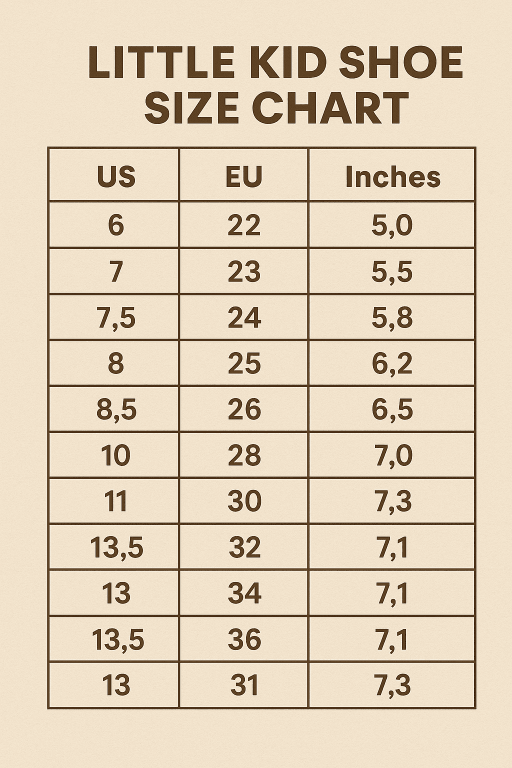 little kid shoe size chart